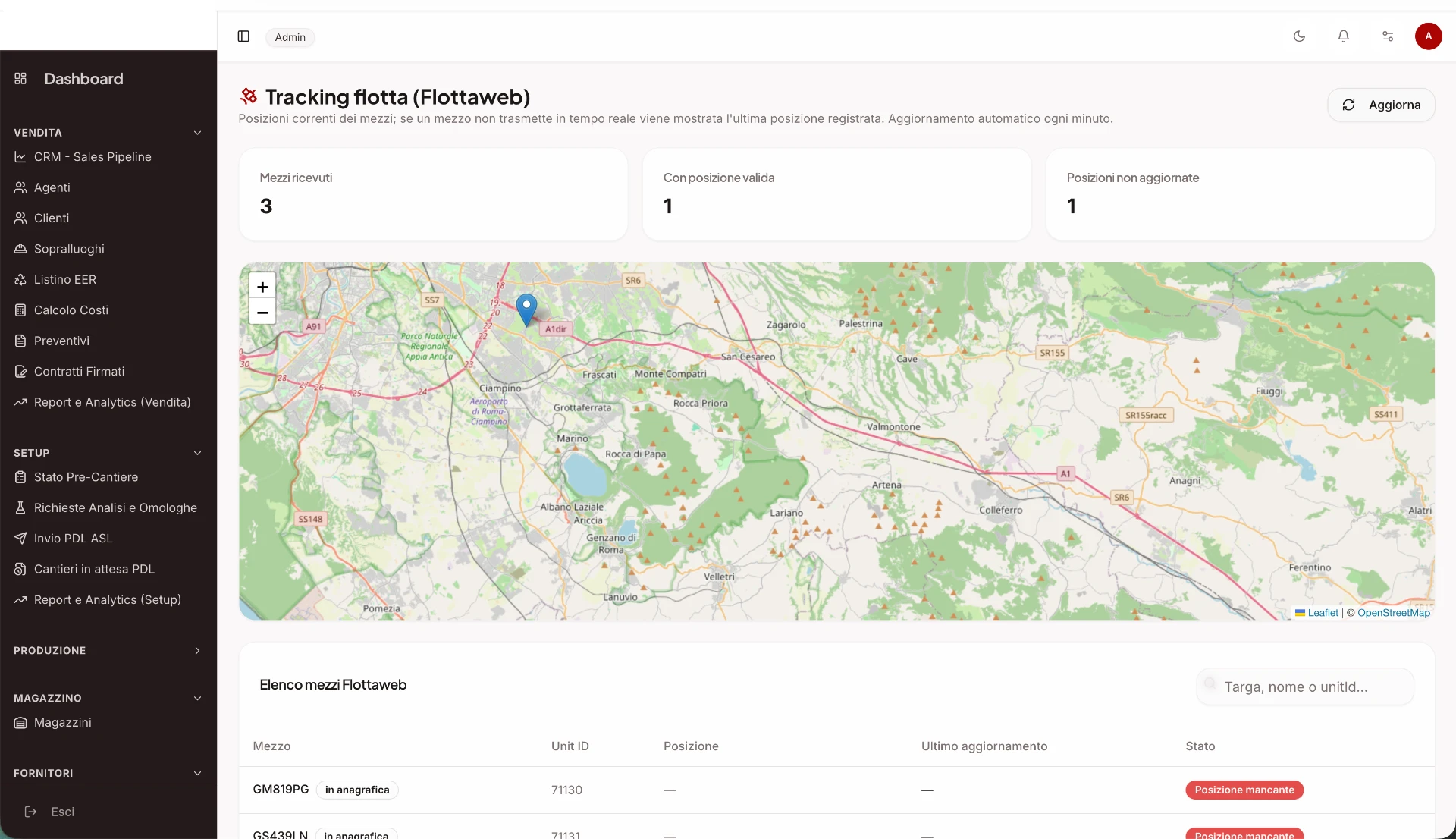 Schermata reale di OR Bonifiche Amianto: tracking della flotta mezzi su mappa con stato delle posizioni